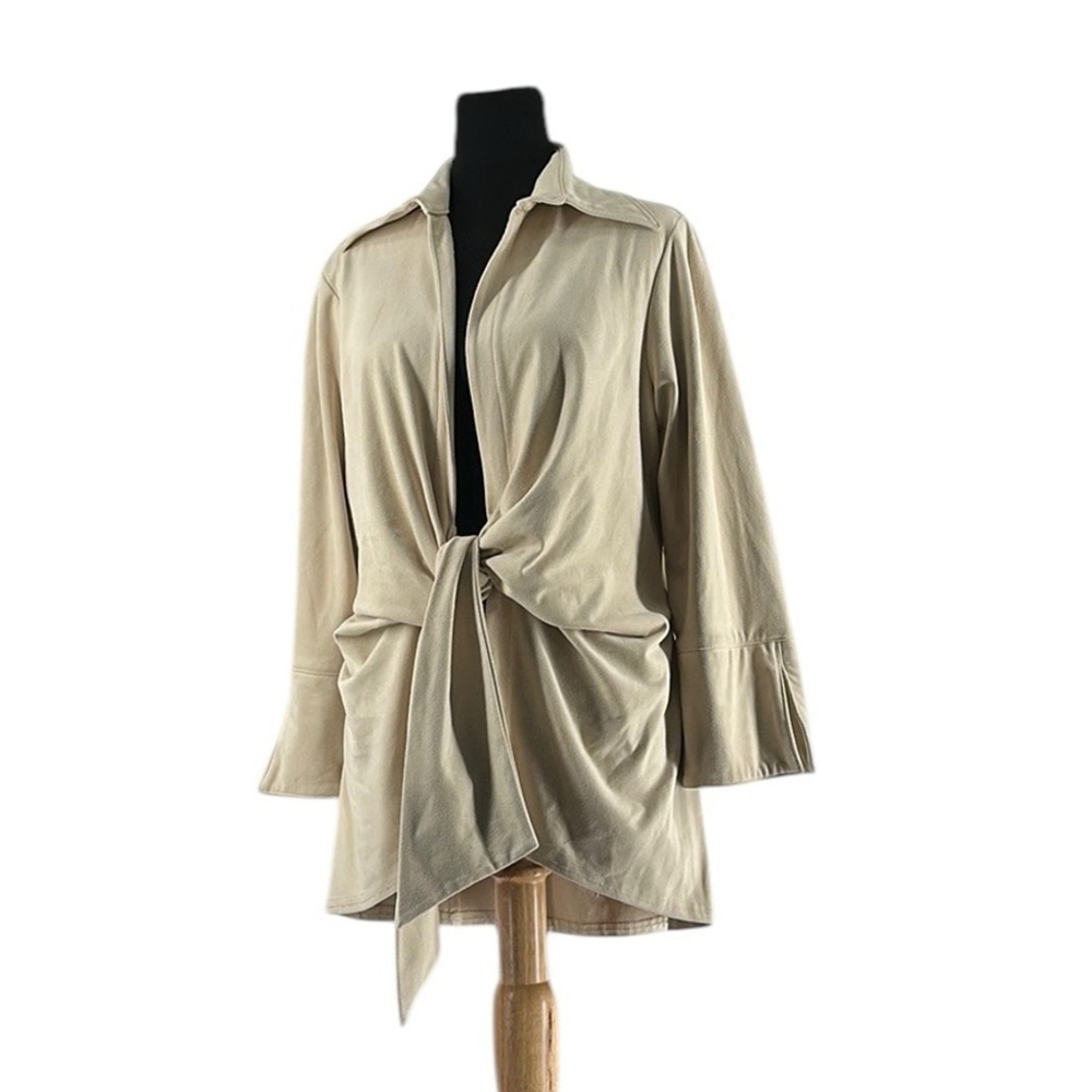 Joseph Ribkoff tie front top faux suede Beige Collared blouse sz 14